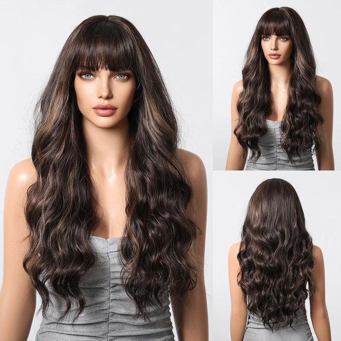 30-Inch Brown Wavy Synthetic Wig with Bangs - Perfect for Parties and Themed Events