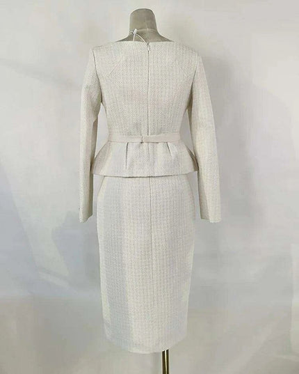 Sophisticated Double Breasted Tweed Ensemble with Petal Neck and Waist Belt - Women's Fall Collection 2024