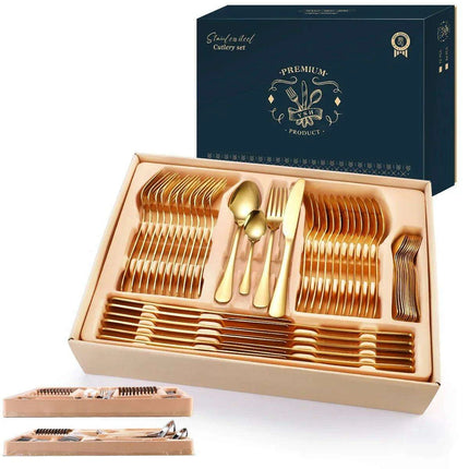Gold Elegance: Complete 84-Piece Cutlery and Tableware Set for Dining and Entertaining