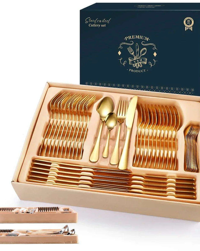 Gold Elegance: Complete 84-Piece Cutlery and Tableware Set for Dining and Entertaining