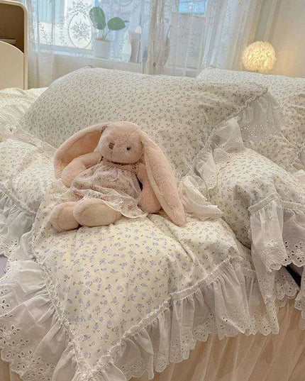 Elegant Floral Lace Ruffled Cotton Bedding Collection with Duvet Cover, Bed Skirt, Fitted Sheet, and Pillowcases