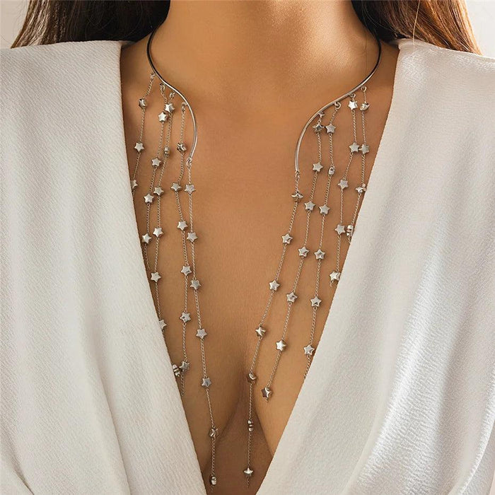 Vintage Gothic Star Crystal Necklace with Sequined Tassel Detail