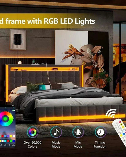 Modern Dark Gray Full Bed Frame with Smart LED Lighting, Storage Drawers, and USB Charging Hub - Perfect Bedroom Upgrade