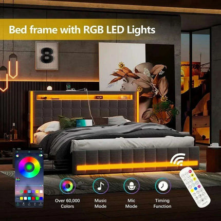 Contemporary LED Full Size Bed Frame with Built-in Storage, USB Ports, RGB Lighting, Customizable Headboard, and Music Sync Features