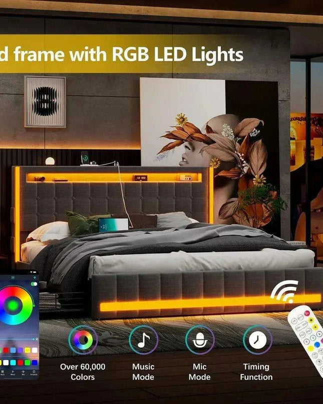 Contemporary LED Full Size Bed Frame with Built-in Storage, USB Ports, RGB Lighting, Customizable Headboard, and Music Sync Features