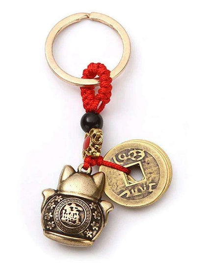 Brass Lucky Cat Keychain with Fortune Coin for Abundant Blessings