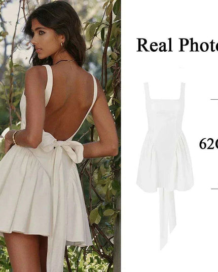 Elegant White Cotton Backless Dress with Oversized Bow - Effortless Sophistication for Any Occasion