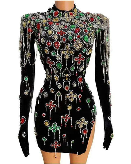 Elegant Black Velvet Evening Gown with Dazzling Crystal Details