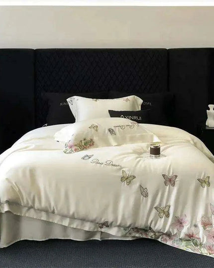 Luxury Butterfly Floral Embroidery Duvet Cover Set - Soft Lyocell Eucalyptus Fiber Bedding with Pillowcases and Flat Sheet
