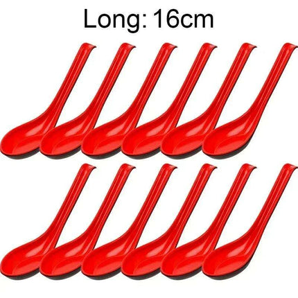 Sleek Anti-Shock Porcelain Spoon Set for Rice, Dumplings, and Porridge - Modern Kitchen Cutlery in Bold Red and Black