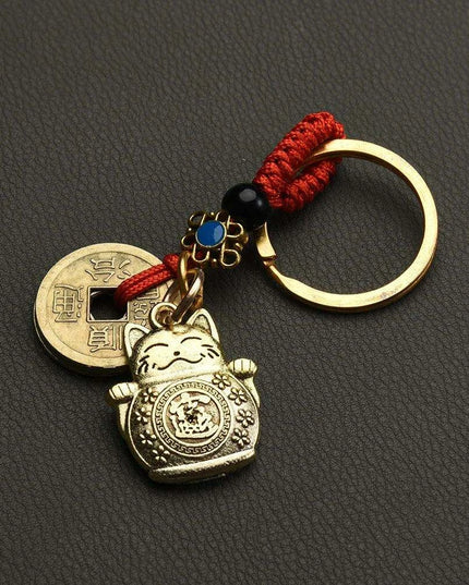 Fortune Cat Brass Keychain with Antique Coins - A Charm for Wealth and Abundance