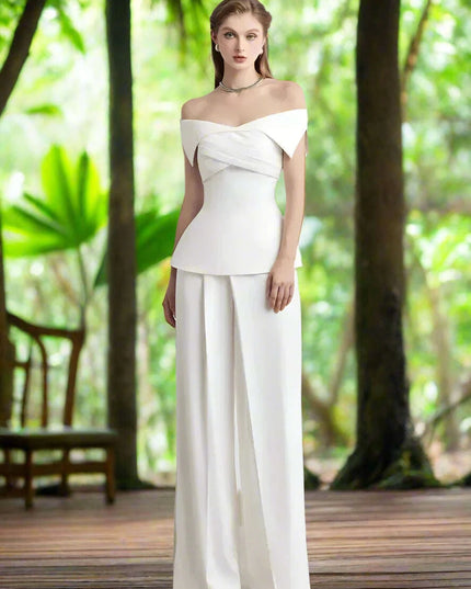 Summer 2-Piece Set with Off-Shoulder Neckline and Cross-Back Design - Pleated Jacket & Flowing Pants