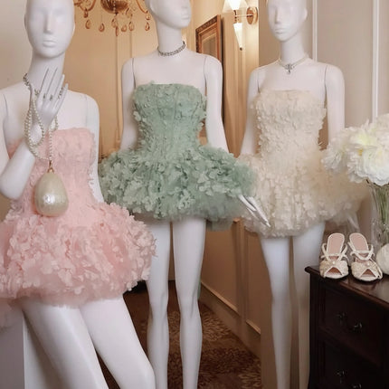 YP Luxury 3D Lace Strapless A-Line Green Pink Prom Dress with Puff Ski