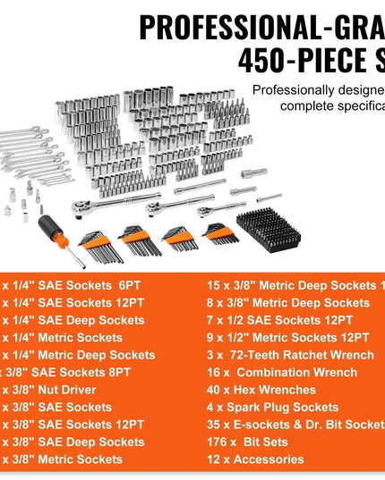450-Piece Professional Grade CR-V Mechanics Tool Set with Enhanced Torque Capability and Premium Polishing Technology
