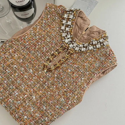 Women’s Diamond-Embellished Tweed A-Line Dress — High Waist, Round Neck, Korean Style