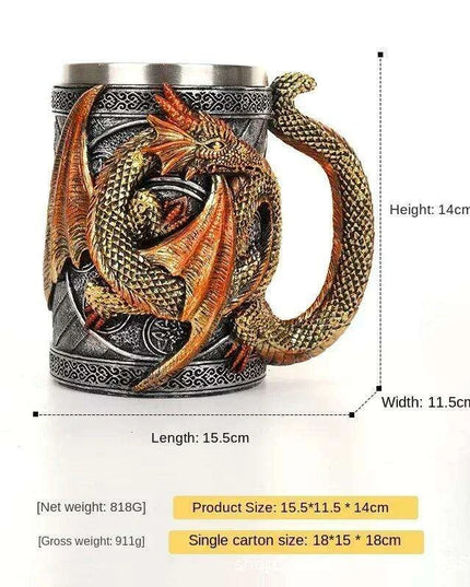 Dragon Resin Stainless Steel Beer Mug - Hand Painted Gothic Viking Skull Wine Goblet