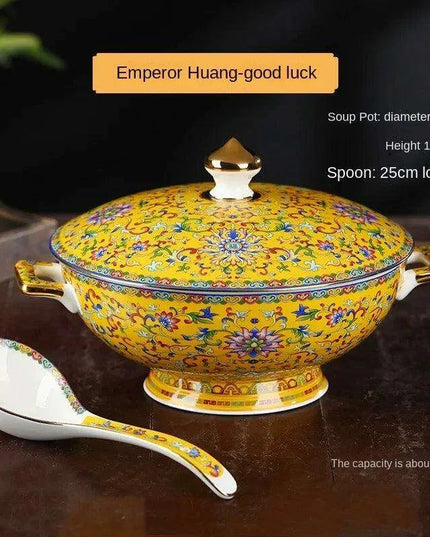 Authentic Elegant Under-glazed Ceramic Soup Pot with Lid and Spoon - Large Round Design with Gold Accents for Chinese Dining and Decor