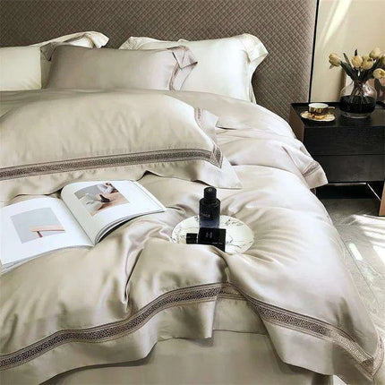Sumptuous 1000TC Egyptian Cotton Bedding Ensemble with Elegant Hollow Lace - Duvet Cover, Flat & Fitted Sheets, Pillowcases for Queen & King Beds