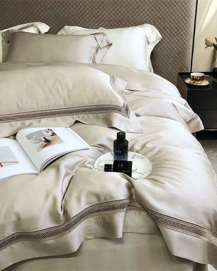 Sumptuous 1000TC Egyptian Cotton Bedding Ensemble with Elegant Hollow Lace - Duvet Cover, Flat & Fitted Sheets, Pillowcases for Queen & King Beds