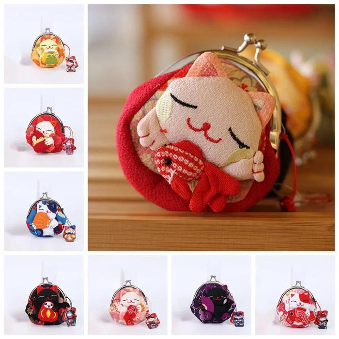 Floral Maneki Neko Coin Purse - Japanese Lucky Cat Wallet for Everyday Elegance