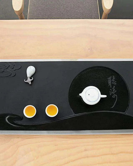 Moon Cloud Engraved Black Stone Tea Tray with Integrated Water Drainage for Kungfu Tea Ceremony