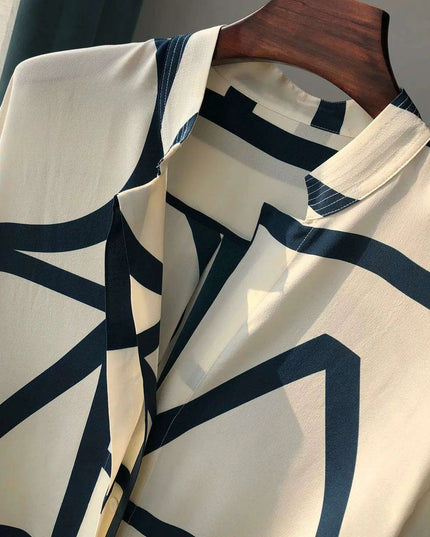 Chic Geometric Print Mulberry Silk Midi Shirt Dress