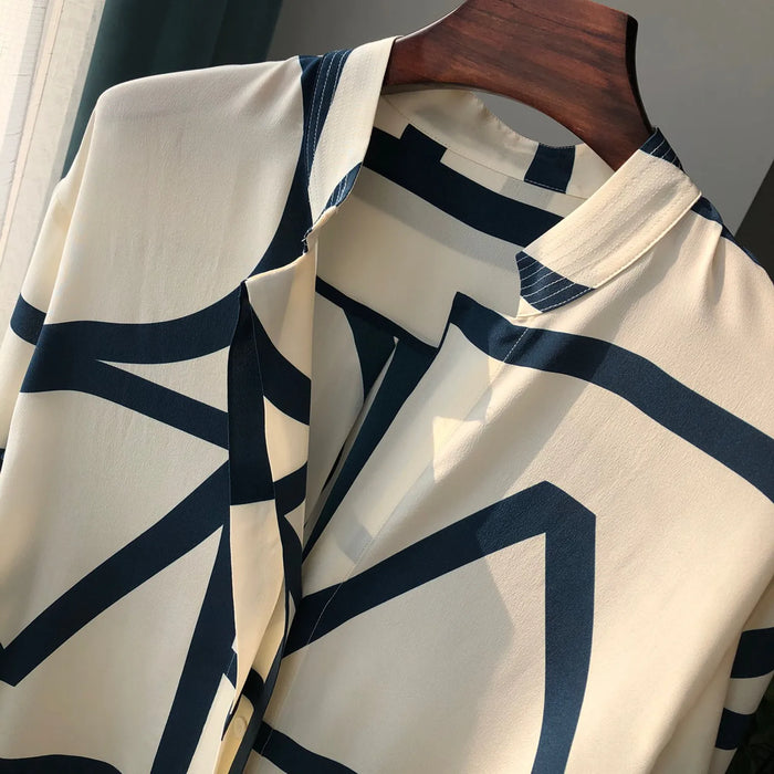 Luxurious Mulberry Silk Geometric Pattern Shirt Dress
