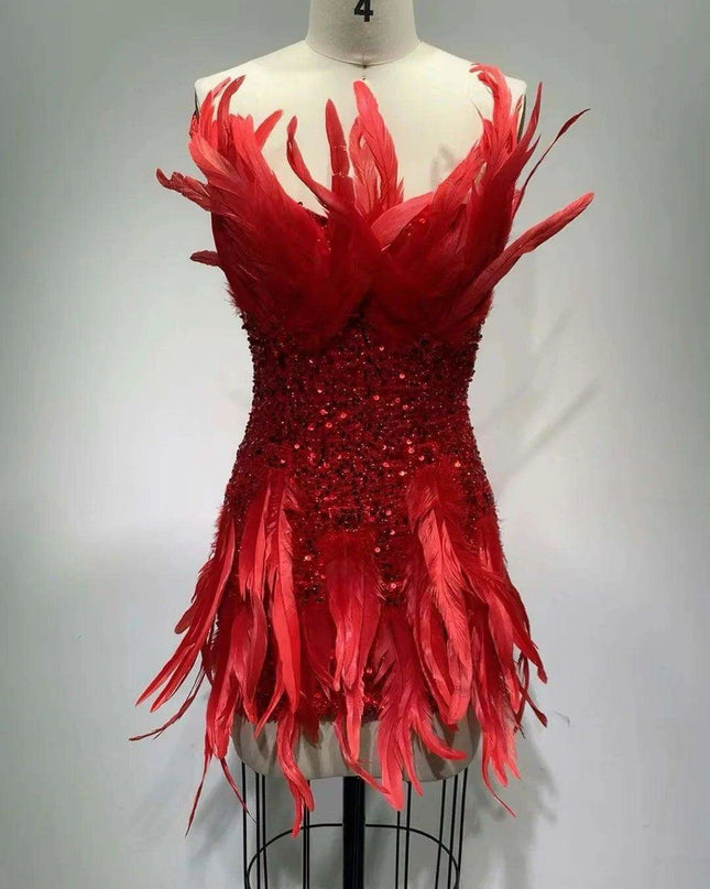 Crimson Elegance Feathered Night Out Dress - Luxe Edition