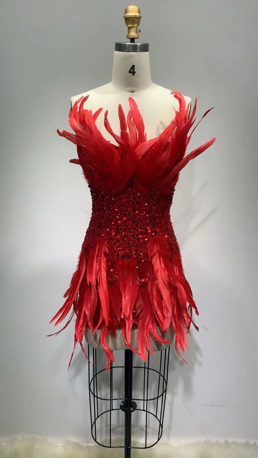 Feathered Scarlet Seduction Mini Dress - Luxe Edition