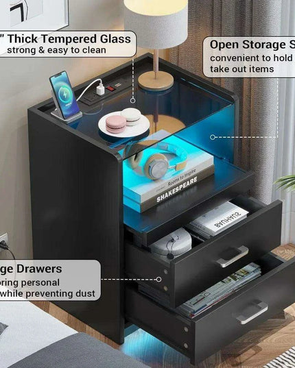 LED Smart Nightstand with Charging Station and Pull-out Tray - Modern Design with 2 Drawers