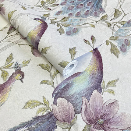 Peacock Feather & Floral Birds Wallpaper — Southeast Asian Mural, 53cm × 9.2m | Très Élite