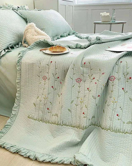 Embroidered Ruffle Flower Summer Quilt Set