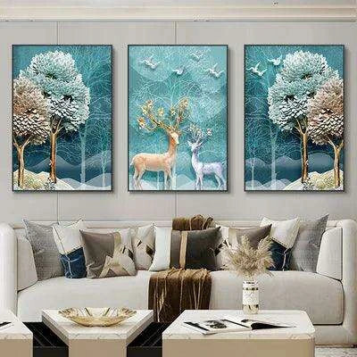 Nordic Elegance: Golden Deer Abstract Landscape 3-Piece Canvas Art Set with Customizable Borders for Luxury Home Decor