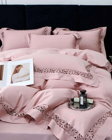 Exquisite 1200TC Egyptian Cotton Luxury Bedding Collection with Elegant Hollow Lace Trim, Duvet Cover, Flat & Fitted Sheets, and Pillowcases