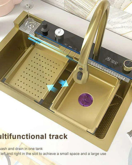 Sophisticated Golden Stainless Steel Kitchen Sink with Generous Embossed Basin - Contemporary Design & High Efficiency