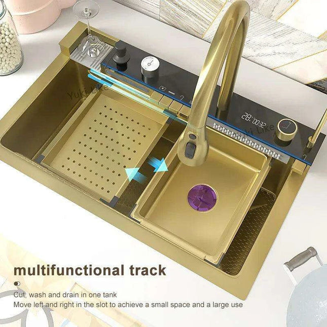 Sophisticated Golden Stainless Steel Kitchen Sink with Generous Embossed Basin - Contemporary Design & High Efficiency