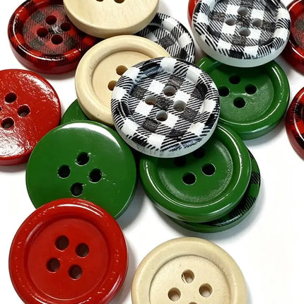 Round Wooden Sewing Buttons with Plaid Designs, 20 mm, 4 Holes
