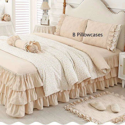 Elegant Leopard Print Ruffled Cotton Bedding Set - 4-Piece Korean-Inspired Duvet Collection with Bed Skirt