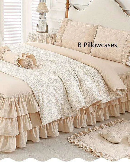 Elegant Leopard Print Ruffled Cotton Bedding Set - 4-Piece Korean-Inspired Duvet Collection with Bed Skirt