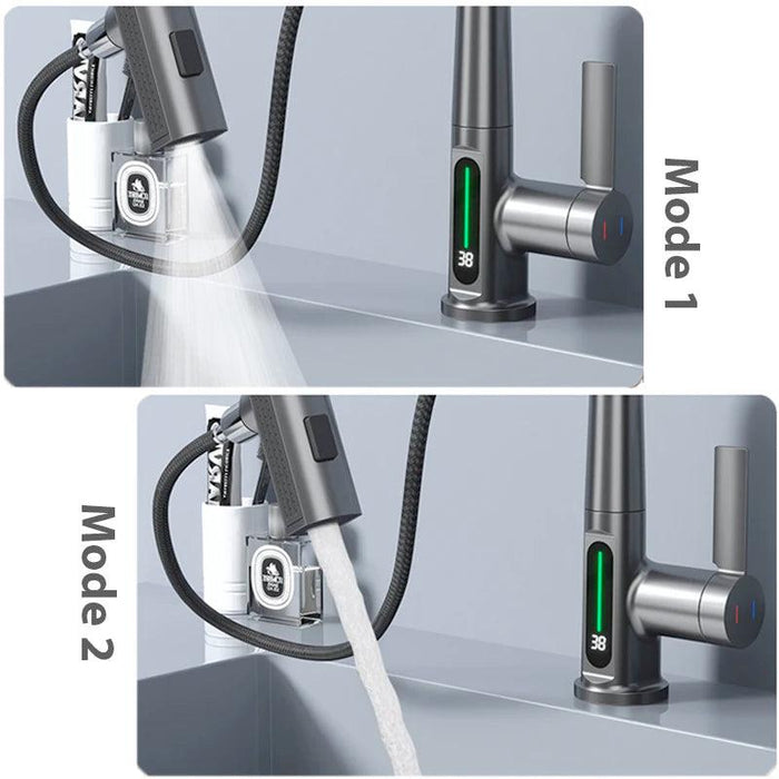 Waterfall Temperature Digital Display Basin Faucet with Lift Up/Down Stream Sprayer