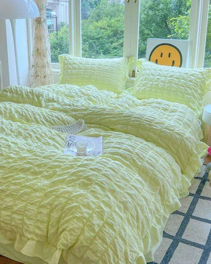 Luxe Korean Princess Lace Ruffle Bedding Ensemble with Duvet Cover, Bed Sheet, Skirt, and Pillowcases