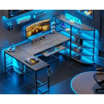 L-Shaped Gaming Desk with RGB Lighting and Versatile Storage Solutions