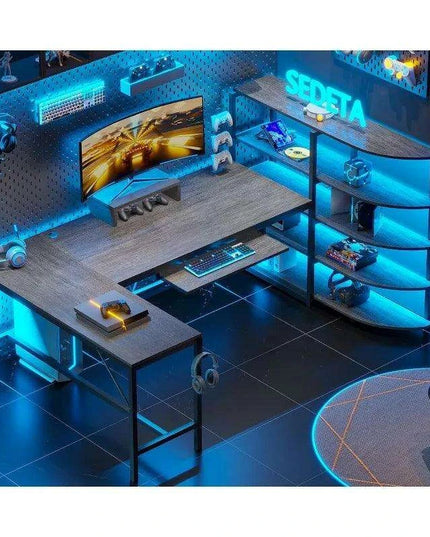 L-Shaped Gaming Desk with RGB Lighting and Versatile Storage Solutions