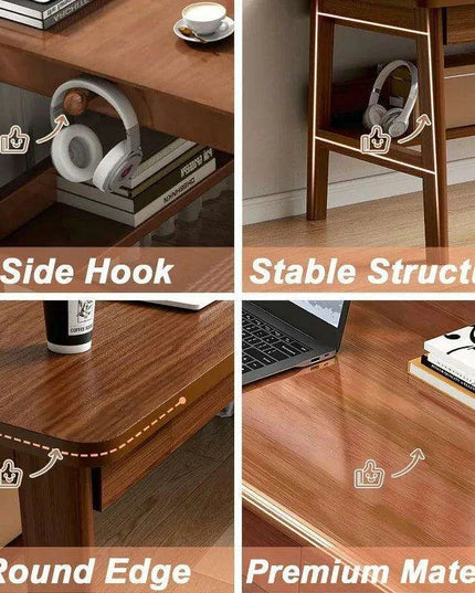 63" Elegant Mid Century Modern Solid Wood Office Desk with Storage Shelf - Walnut Finish