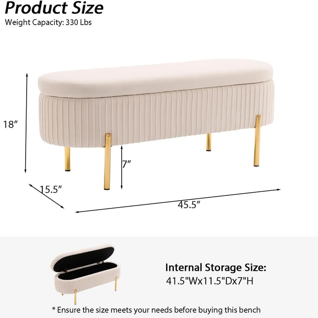 Velvet Storage Bench with Gold Legs - Upholstered Ottoman with Hidden Storage