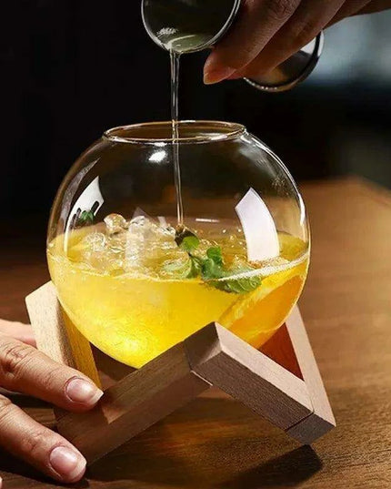 Sophisticated Round Cocktail Glass with Elegant Wooden Stand - Ideal for Creative Drinks and Smoothies