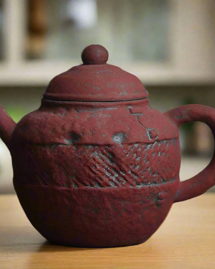 Inspirational Ochre Red Artisan Mini Tea Kettle with Decorative Scripture Embossing
