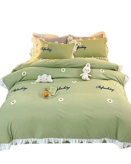 Korean Princess Ruffled Bedding Collection for Girls - Double Duvet Cover, Fitted Sheet, and Pillowcases in Multiple Sizes