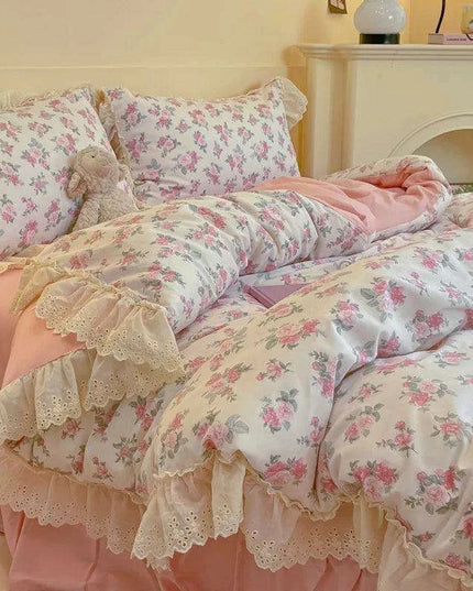 Korean Princess Floral Lace Ruffle Cotton Bedding Collection - Luxurious Single/Queen Duvet Cover, Sheet, and Pillowcase Set (3/4 Pieces)