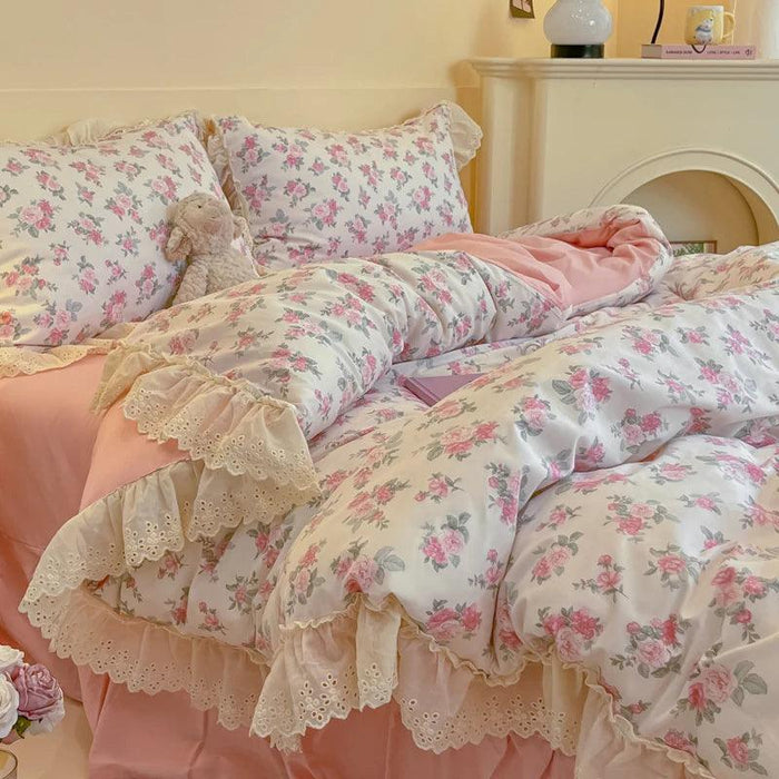 Korean Princess Floral Lace Ruffle Cotton Bedding Collection - Luxurious Single/Queen Duvet Cover, Sheet, and Pillowcase Set (3/4 Pieces)